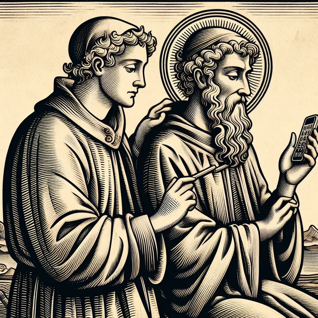 An image of two saints with one of them holding a phone